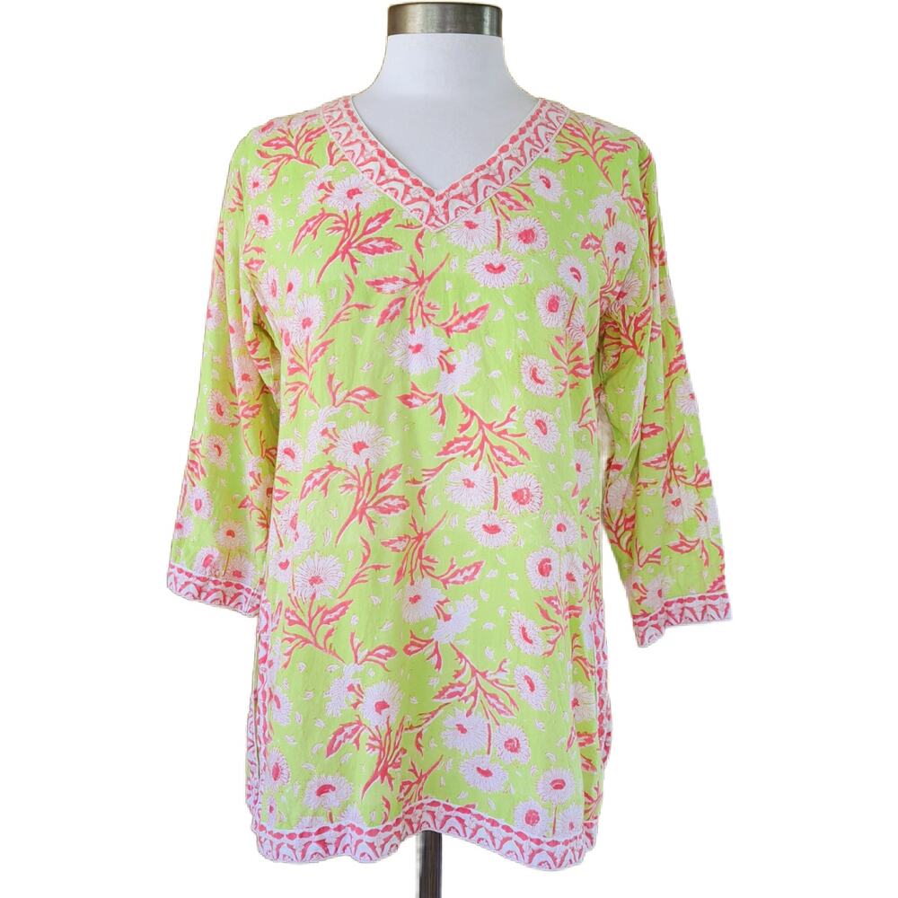 Gretchen Scott V-neck Tunic Chartreuse Pink Floral Print Small Resort Cotton